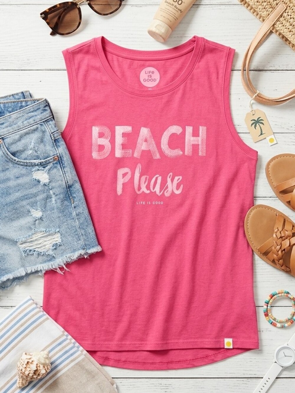 Life Is Good Women's Hot Pink 'Beach Please' Graphic Tank